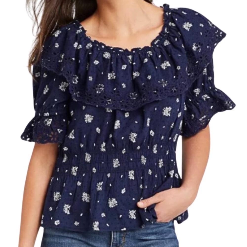 NWT Universal Thread Navy Floral Eyelet Ruffle Off Shoulder Peplum Blouse Womens
